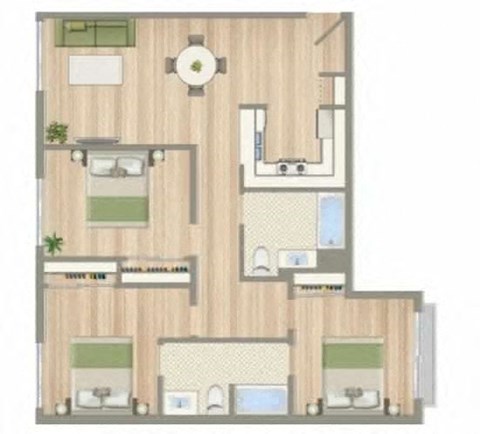 Floor plan for 3 beds, 2 baths, 1081 sqft